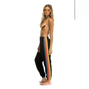 Aviator Nation 5 STRIPE SWEATPANTS - BLACK // NEON RAINBOW STRIPES Medium NEW